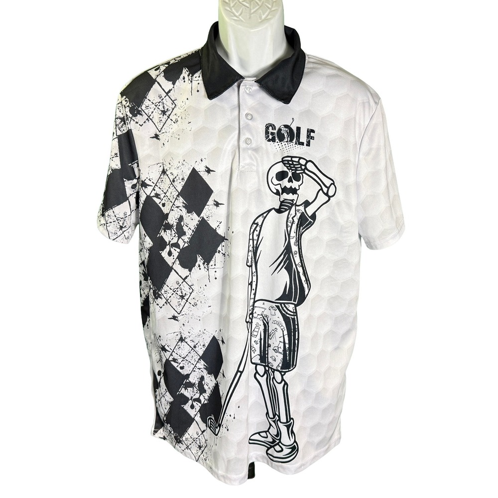 Unbranded Golf Polo Shirt Mens Large White Black Skeleton Graphic Performance